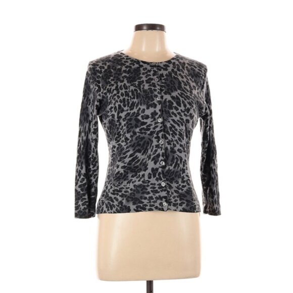 Garnet Hill Black White Animal Print Cardigan Large Lightweight Knit Sweater - Picture 1 of 6